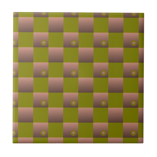Chequered pattern in brown and olive green ceramic tile (Front)