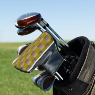 Chequered pattern in brown and olive green golf head cover