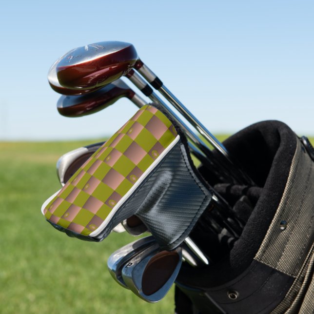 Chequered pattern in brown and olive green golf head cover (In Situ)