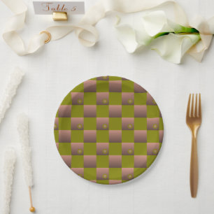 Chequered pattern in brown and olive green paper plate