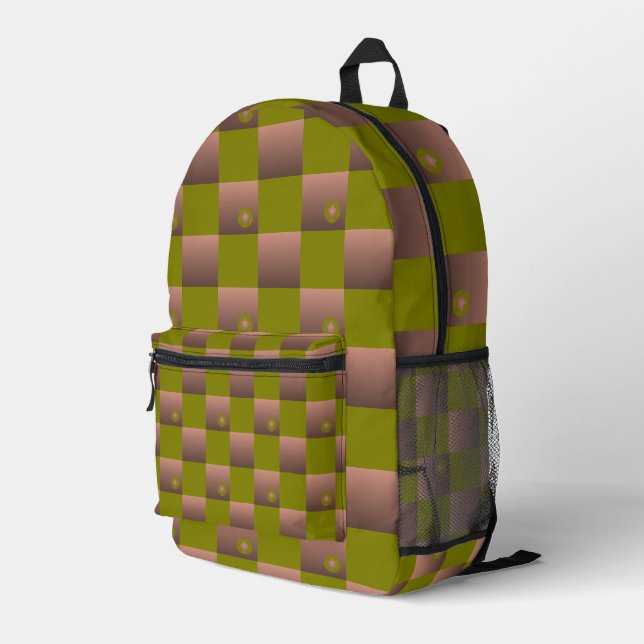 Chequered pattern in brown and olive green printed backpack (Back Corner Right)