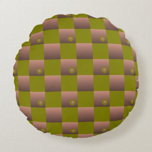 Chequered pattern in brown and olive green round cushion