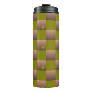Chequered pattern in brown and olive green thermal tumbler