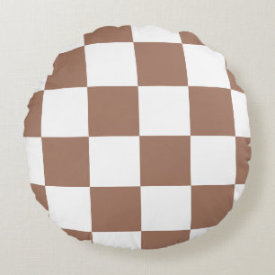 Chequered Pattern in White and Mocha Mousse Round Cushion