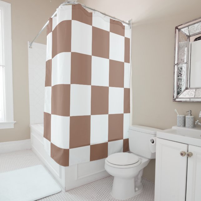 Chequered Pattern in White and Mocha Mousse Shower Curtain (In Situ)