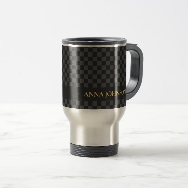 Chequered Pattern Personalised Name Travel Mug (Front Right)