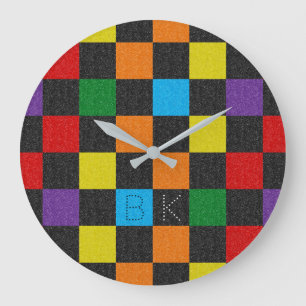Chequered Pattern Trendy Rainbow LGBTQ Monogram Large Clock