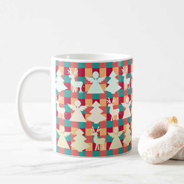 Chequered pattern with angels, reindeers and trees coffee mug (With Donut)