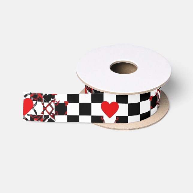 Chequered Pattern With Red Hearts & Shapes Satin Ribbon (Spool)