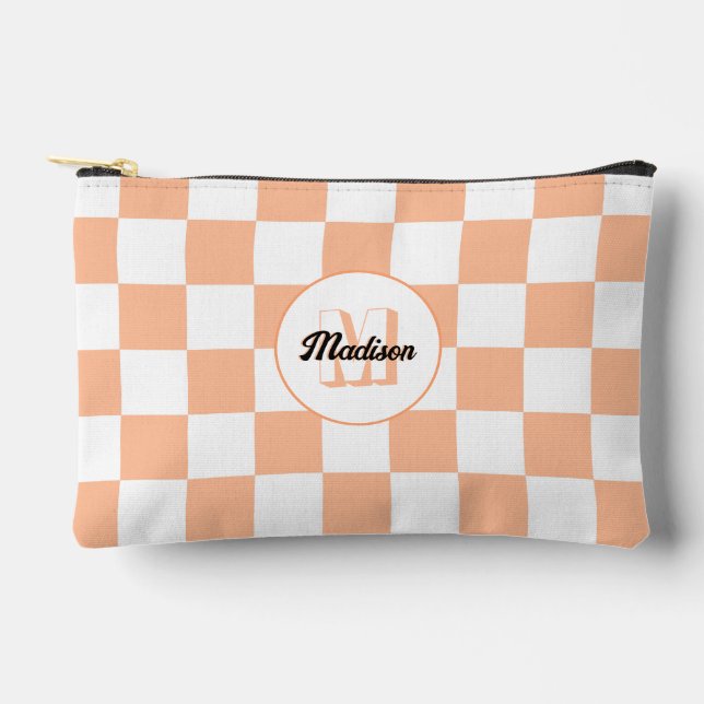 Chequered peach and white geometric retro Monogram Accessory Pouch (Front)