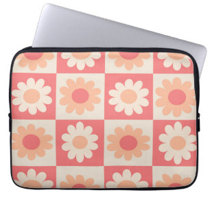 Chequered Peach Fuzz and Orange Retro Flowers  Laptop Sleeve