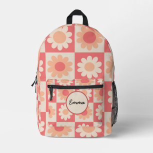 Chequered Peach Fuzz Retro Flowers Custom Name Printed Backpack