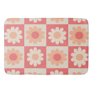 Chequered Peach Fuzz Retro Flowers Pattern Bath Mat