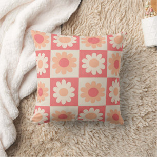 Chequered Peach Fuzz Retro Flowers Pattern  Cushion