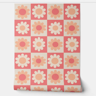 Chequered Peach Fuzz Retro Flowers Pattern Wallpaper