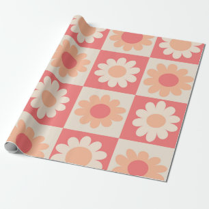 Chequered Peach Fuzz Retro Flowers Pattern Wrapping Paper