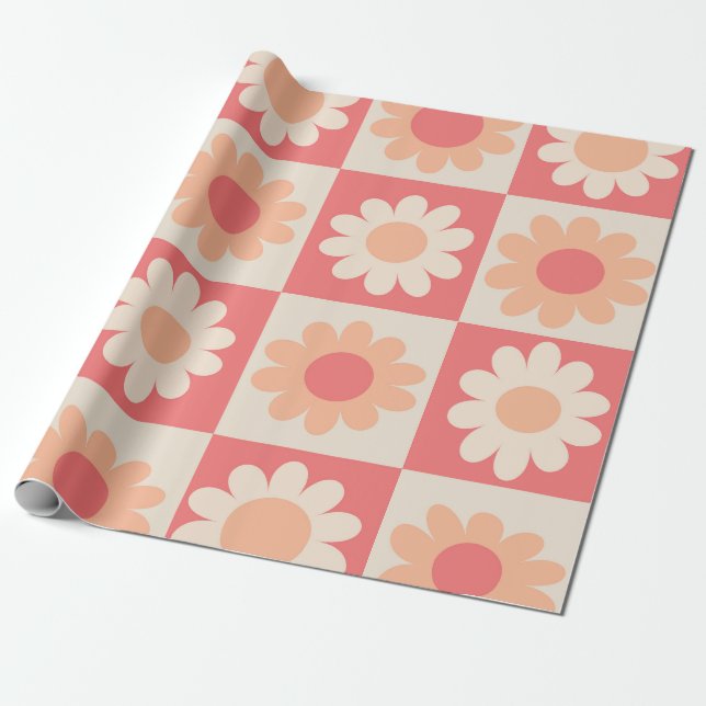 Chequered Peach Fuzz Retro Flowers Pattern  Wrapping Paper (Unrolled)