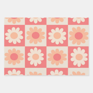 Chequered Peach Fuzz Retro Flowers Pattern  Wrapping Paper Sheet