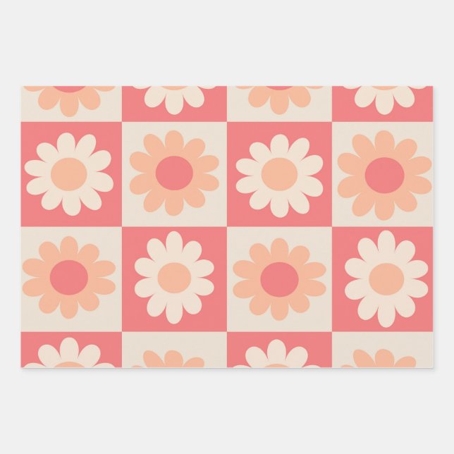 Chequered Peach Fuzz Retro Flowers Pattern  Wrapping Paper Sheet (Front)