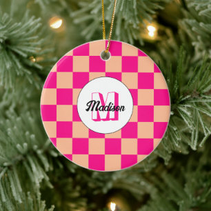 Chequered peach hot pink geometric retro Monogram Ceramic Ornament