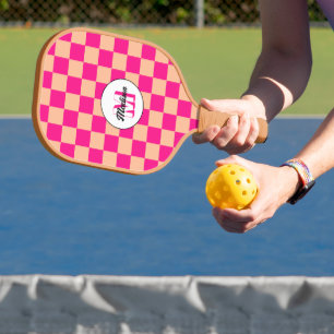 Chequered peach hot pink geometric retro Monogram Pickleball Paddle