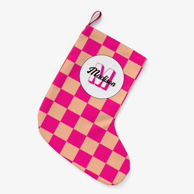 Chequered peach hot pink geometric retro Monogram Small Christmas Stocking (Front (Hanging))