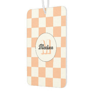 Chequered peach white geometric retro Monogram Car Air Freshener