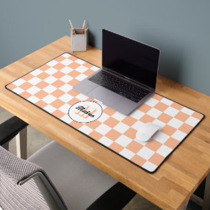 Chequered peach white geometric retro Monogram Desk Mat