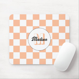 Chequered peach white geometric retro Monogram Mouse Pad