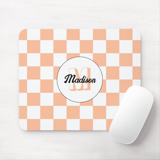 Chequered peach white geometric retro Monogram Mouse Pad (With Mouse)