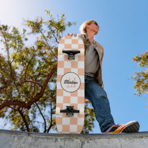 Chequered peach white geometric retro Monogram Skateboard