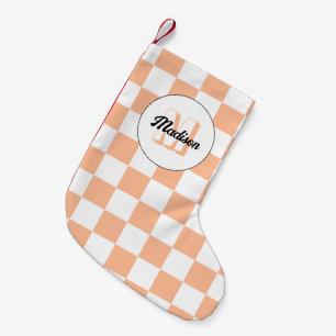 Chequered peach white geometric retro Monogram Small Christmas Stocking