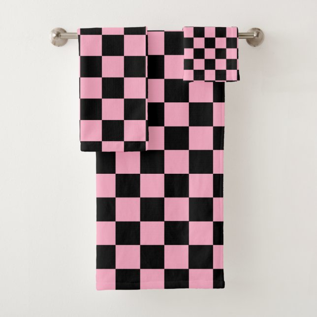 Chequered Pink and Black Bath Towel Set (Insitu)