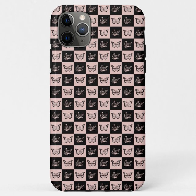 Chequered Pink and Black Butterfly Pattern Case-Mate iPhone Case (Back)