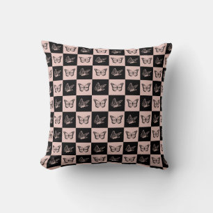 Chequered Pink and Black Butterfly Pattern Cushion