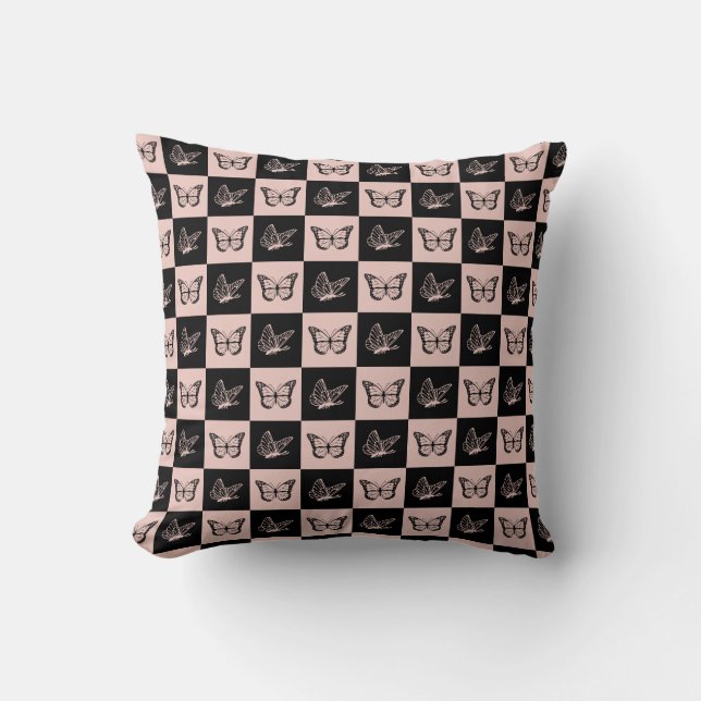 Chequered Pink and Black Butterfly Pattern Cushion (Front)