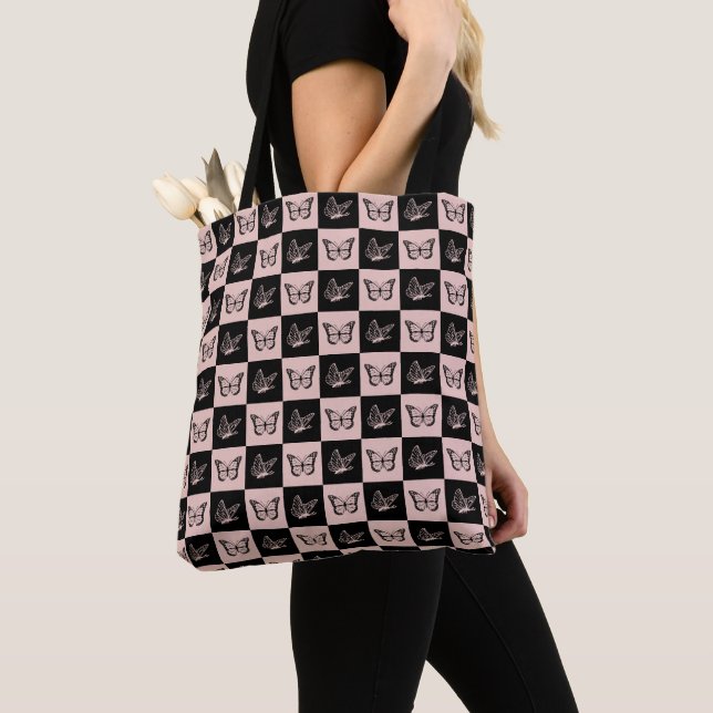 Chequered Pink and Black Butterfly Pattern Tote Bag (Close Up)