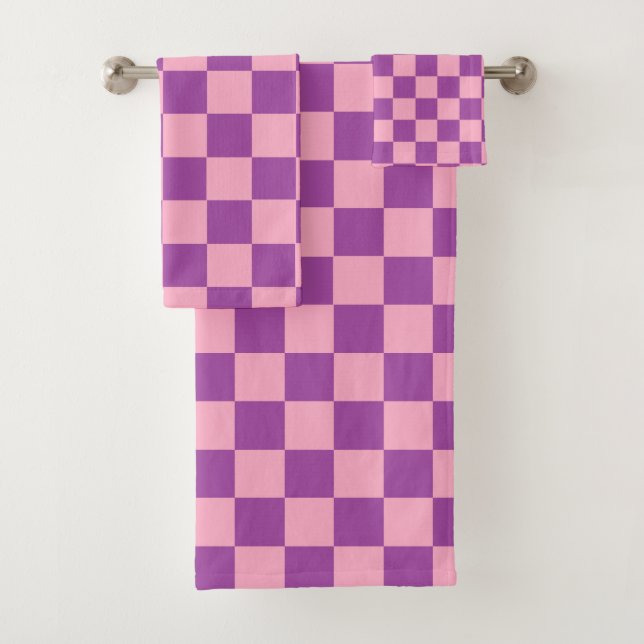 Chequered Pink and Purple Bath Towel Set (Insitu)
