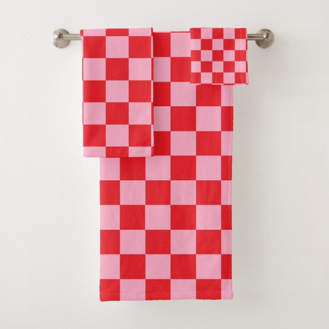 Chequered Pink and Red Bath Towel Set (Insitu)
