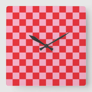 Chequered Pink and Red Square Wall Clock