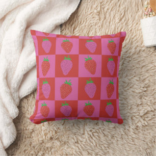 Chequered Pink and Red Strawberries Pattern  Cushion