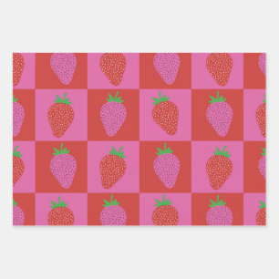 Chequered Pink and Red Strawberries Pattern Wrapping Paper Sheet