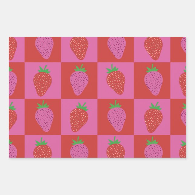 Chequered Pink and Red Strawberries Pattern  Wrapping Paper Sheet (Front)