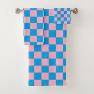 Chequered Pink and Turquoise Bath Towel Set