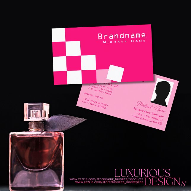 Chequered Pink and White Modern with Photo Stylish Business Card (Creator Uploaded)