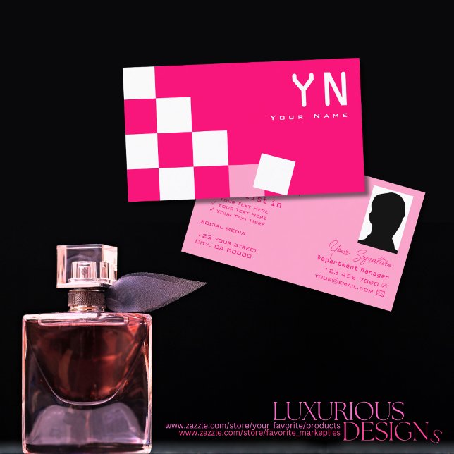 Chequered Pink and White with Monogram & Photo Business Card (Creator Uploaded)