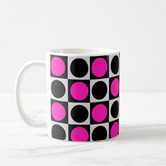Chequered Pink Black Circle Pattern Design  Coffee Mug (Left)