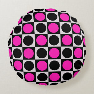 Chequered Pink Black Circle Pattern Design Round Cushion