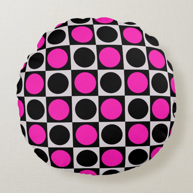 Chequered Pink Black Circle Pattern Design  Round Cushion (Front)