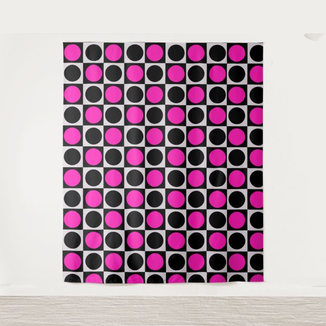 Chequered Pink Black Circle Pattern Design  Tapestry (Front)